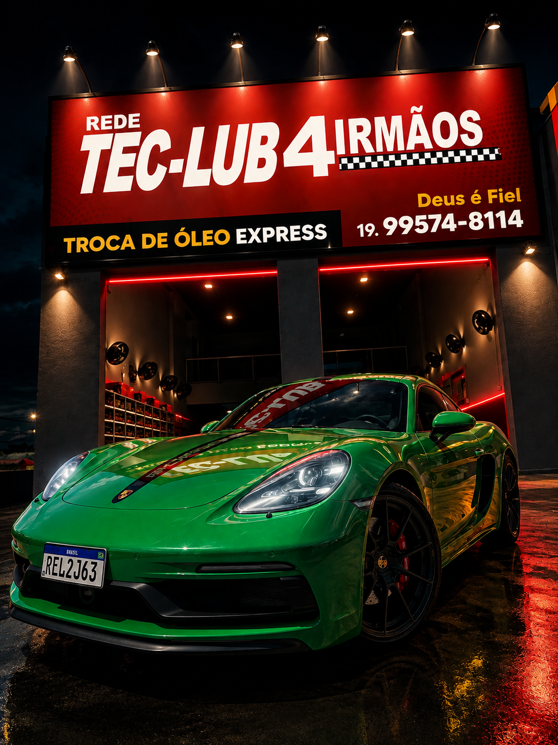 Fachada da TecLub Jaguariúna à noite com letreiro Rede Tec-Lub 4 Irmãos
